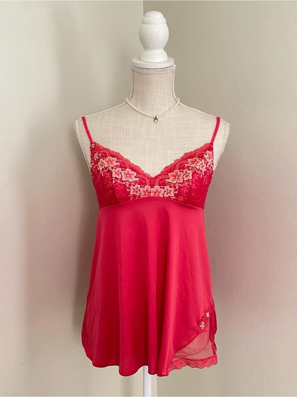Red Floral Lace-Trim Camisole with Adjustable Straps